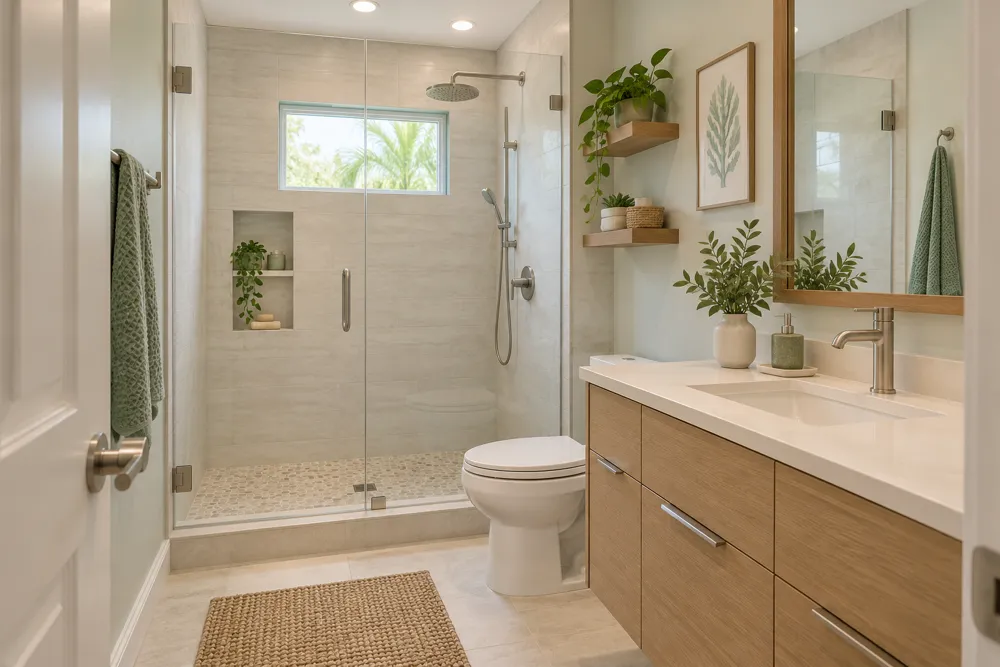 Illustrative bathroom with an oak vanity, pale tile and glass shower
