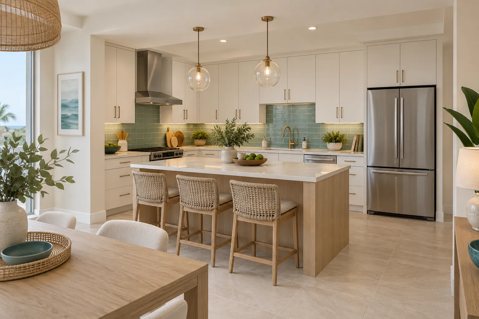 Illustrative coastal kitchen with pale cabinets and a wood island